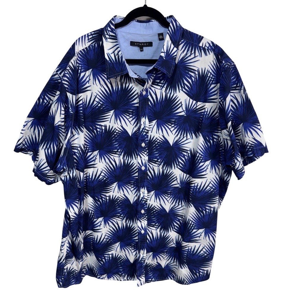 SYNRGY 3XLT 100% Cotton Blue Palm Print Button Down Men's Tropical Shirt